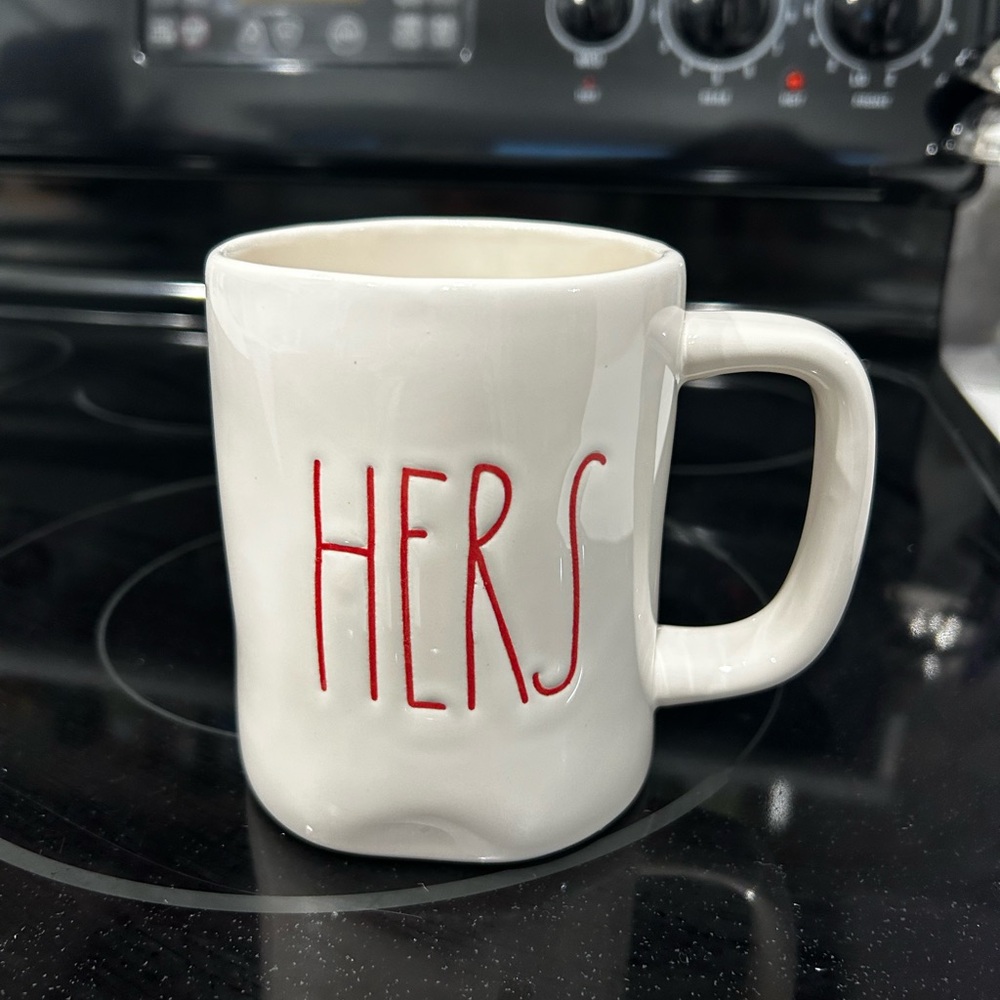 Rae Dunn White Ceramic Mug with Red LETTERING - HERS